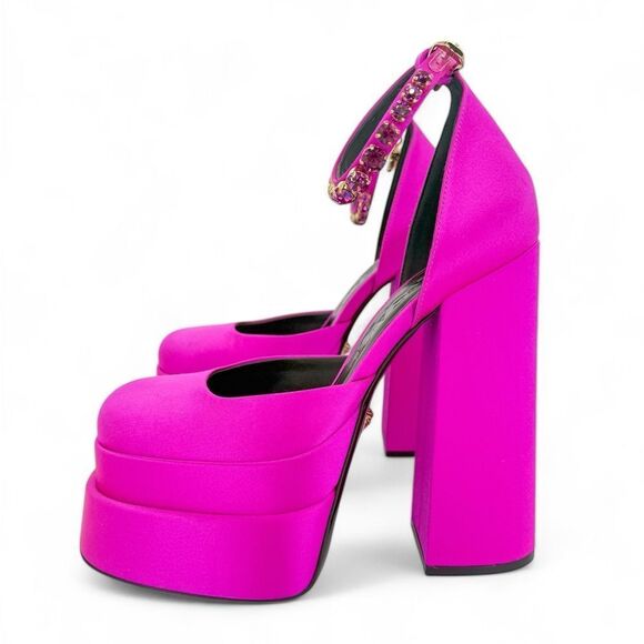 VERSACE Aevitas Fuchsia Crystal-Embellished Platform Block Heel Pumps Si… - Picture 9 of 17